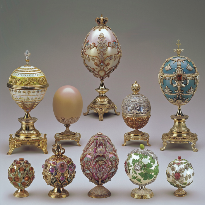 Photo of multiple Fabergé eggs on white background.