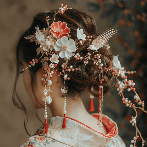 Japanese bride wearing traditional floral and bird kanzashi headpiece and kimono
