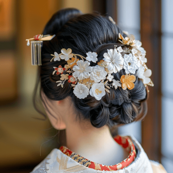 Photo of traditional Japanese bride wearing floral tsunami kanzashi headpiece