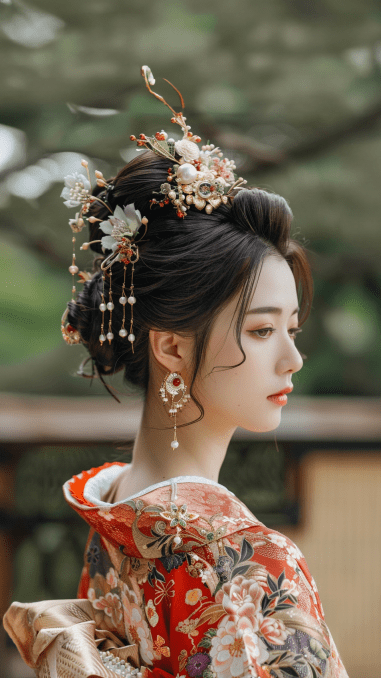 Japanese bride wearing traditional kanzashi headpiece and kimono outside