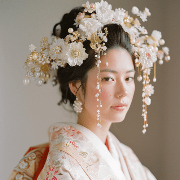 Photo of traditional Japanese bride wearing floral kanzashi with pearls and pearl earrings