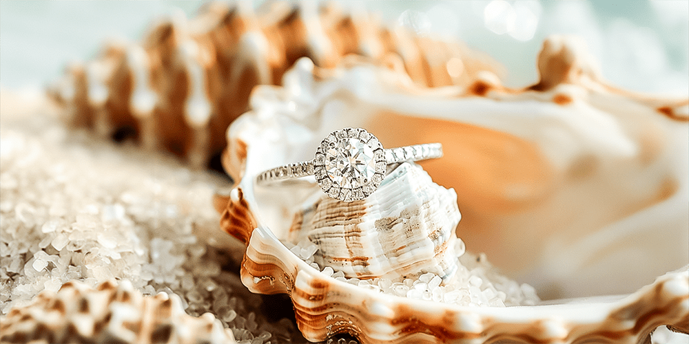 Restored Diamond Engagement Ring Displayed in Seashells on Beach Summer Environment