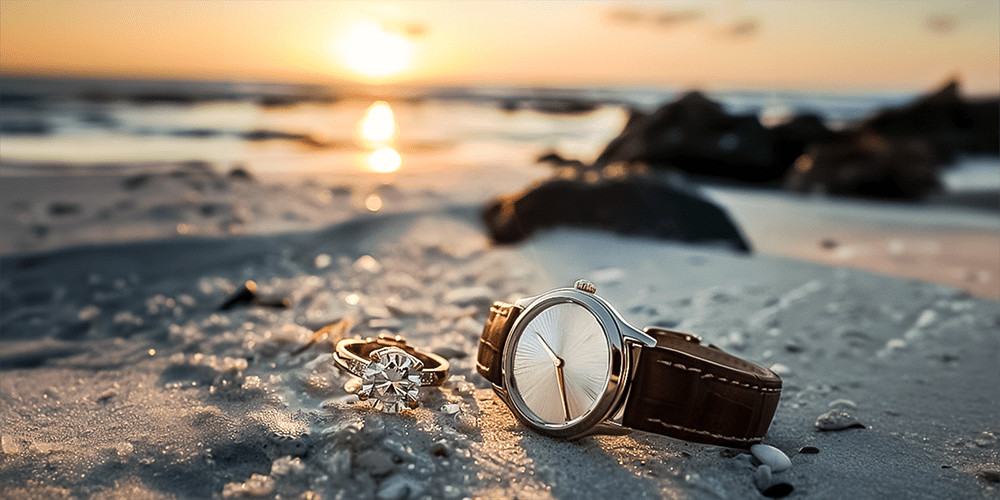 Restored Diamond Engagement Ring and Luxury Timepiece Displayed on Beach Sand in Summer Environment