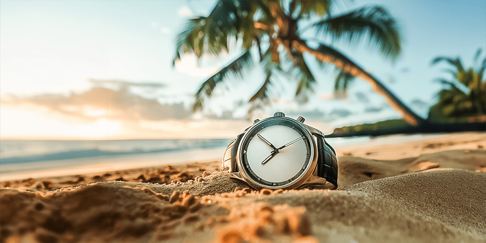 Restored Luxury Watch Timepiece Displayed on Beach Sand in Summer Environment