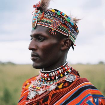 Photo of Kenyan Groom wearing beaded headpiece and beaded necklace