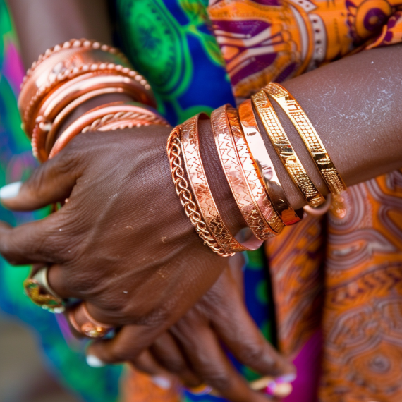 Photo of Kenyan bride wearing copper and brass bangles around wrists