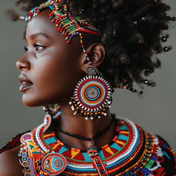 Photo of Kenyan bride wearing beaded necklace and earrings