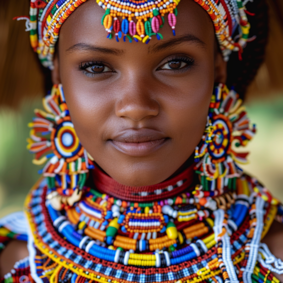 Photo of Kenyan bride wearing elaborate beaded necklace around neck
