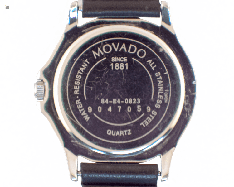 After #163 Back of Restored Movado Quartz Museum Watch Model # 9047059 Serviced by Certified Watchmakers