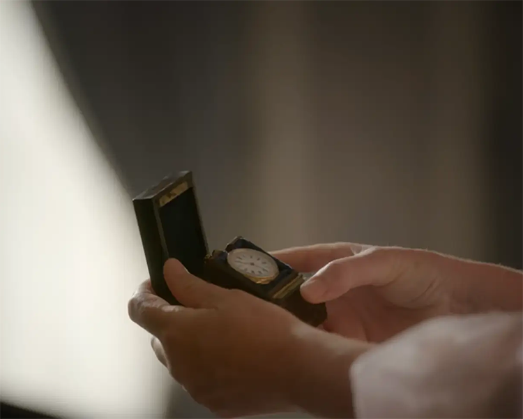 Close Up of Colin Bridgerton's Pocket Watch Gift to Mother Lady Violet Bridgerton