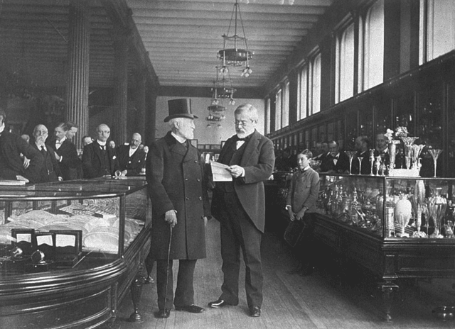 Photo of Charles Lewis Tiffany and John B. Young inside their store "Tiffany & Young"