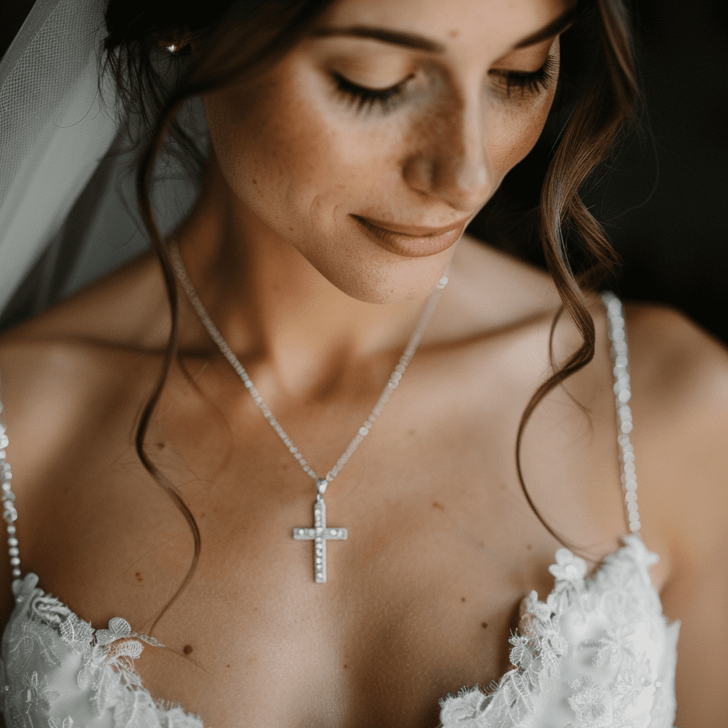 Photo of bride wearing cross necklace