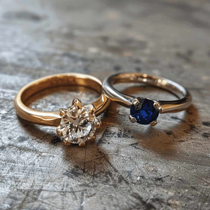 Photo of solitaire diamond ring and sapphire ring next to each other.