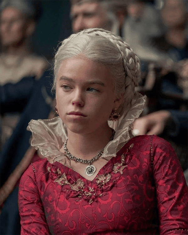 Young Rhaenyra Wearing Old Valyria Daemon Necklace with Ornate Earrings