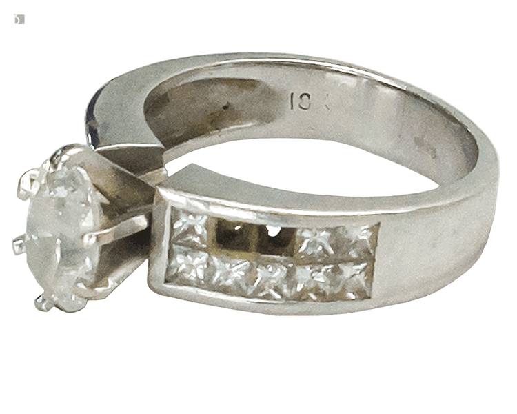 Before #165 Side View of Diamond Invisible Setting Ring Missing Diamonds Needing Repair Services by Master Jewelers