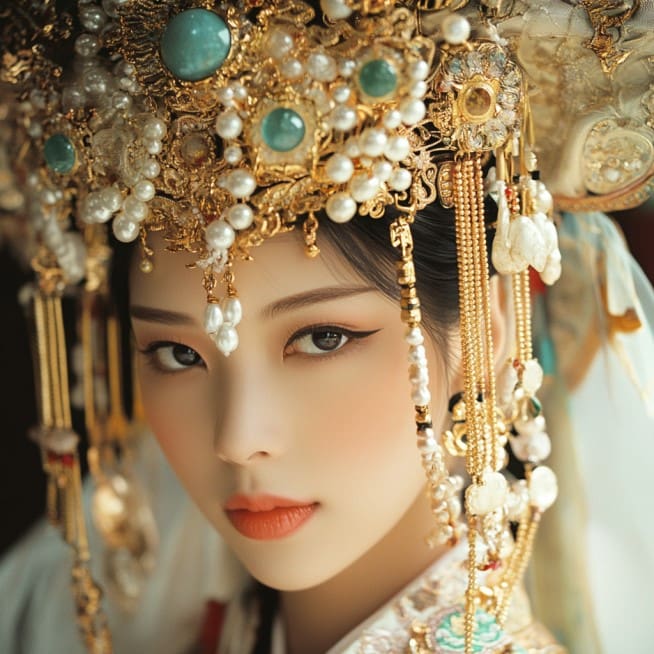 Photo of Chinese bride wearing traditional gold headdress with jade gemstones