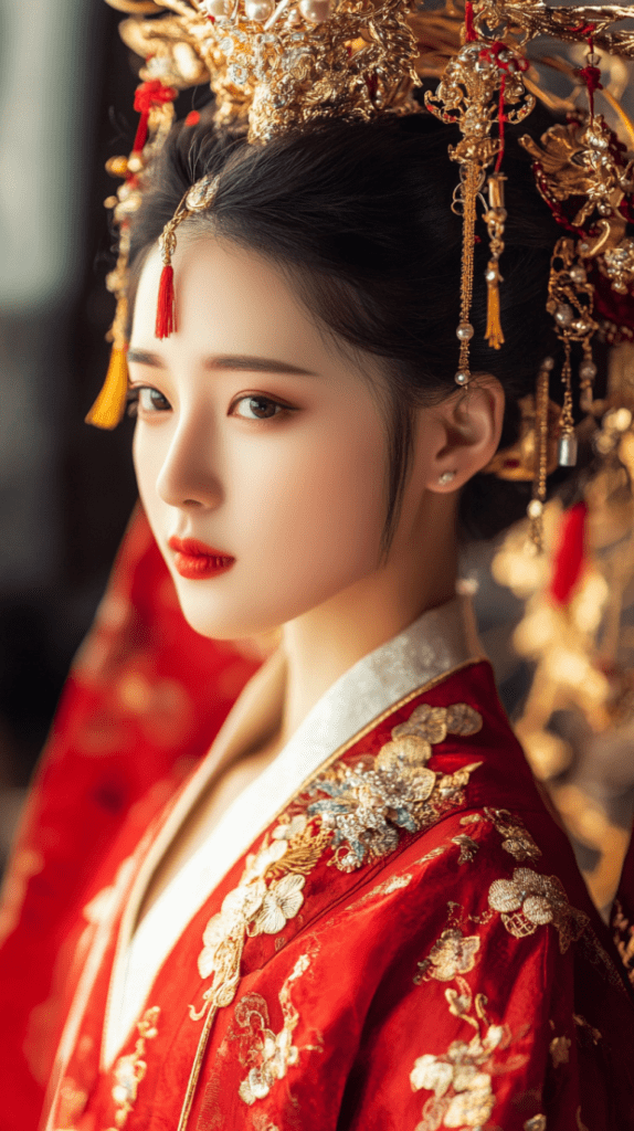 Traditional Chinese bride wearing red robe with gold embroidery and headdress.