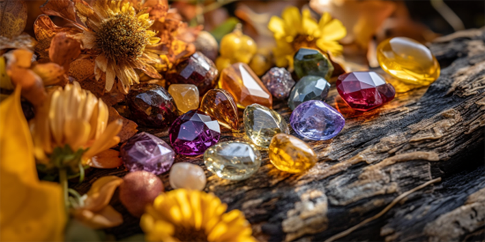 Various Colors of Cut Gemstones Displayed on Wood Surrounded by Fall Flowers in Autumn Seasonal Display