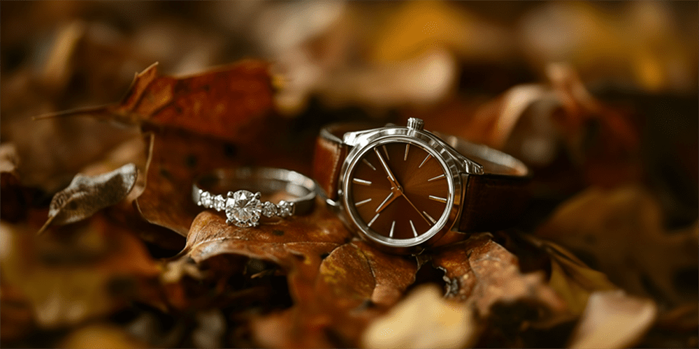 Restored Luxury Watch Timepiece and Diamond Engagement Ring Resting on Fall Leaves in Autumn Seasonal Display