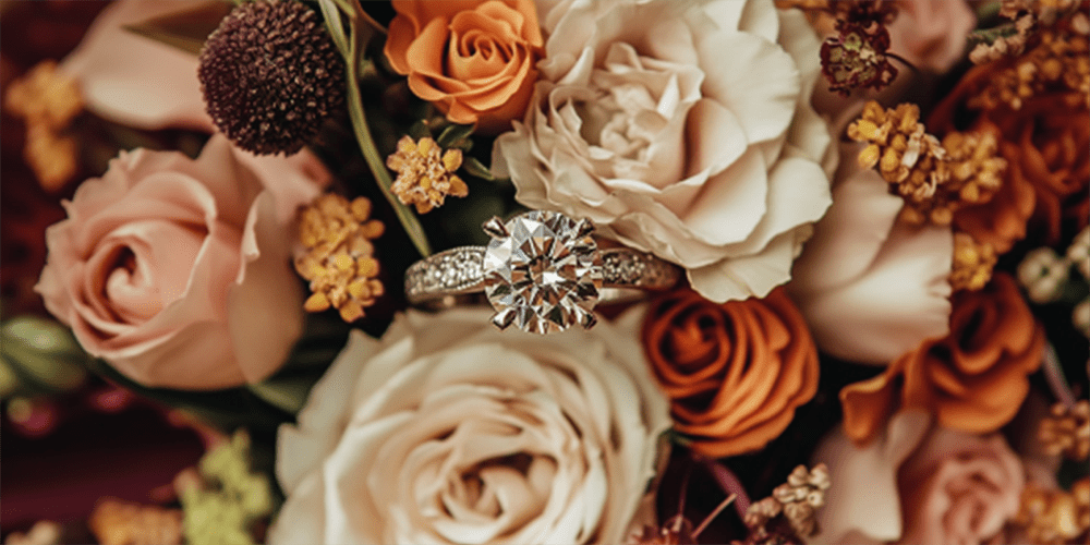 Restored Diamond Engagement Ring Placed in Bouquet of Fall Flowers in Autumn Seasonal Display