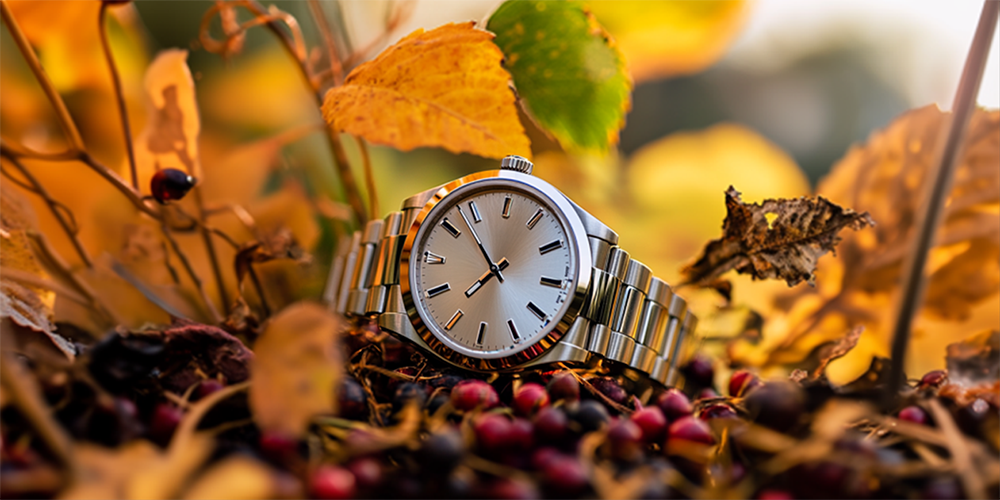 Restored Luxury Wristwatch Timepiece Surrounded by Fall Foliage in Autumn Seasonal Display