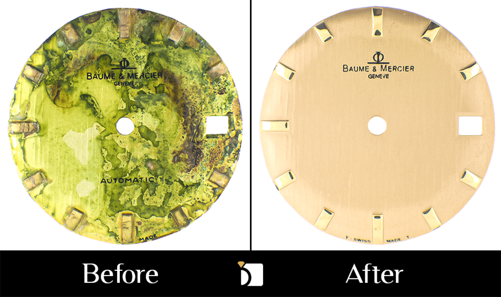 Image showcasing Baume & Mercier dial before and after MJR restorations