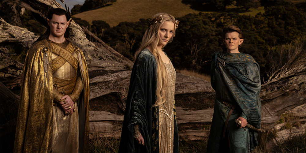 Galadriel Standing with High King Gil-Galad and Elrond in Field (via Amazon Studios)