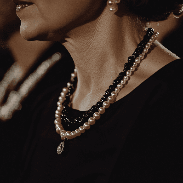 Image showcasing royal funeral goer wearing black dress and pearl necklaces with pearl earrings