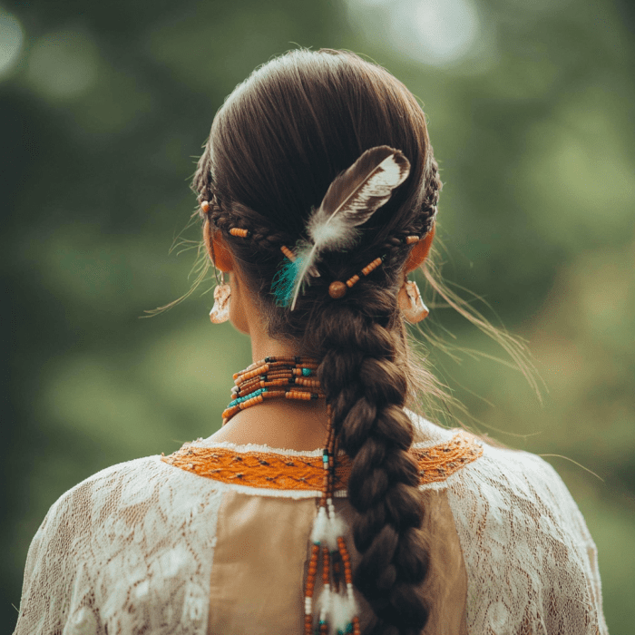 Image showcasing Native American headdress of feather in hair