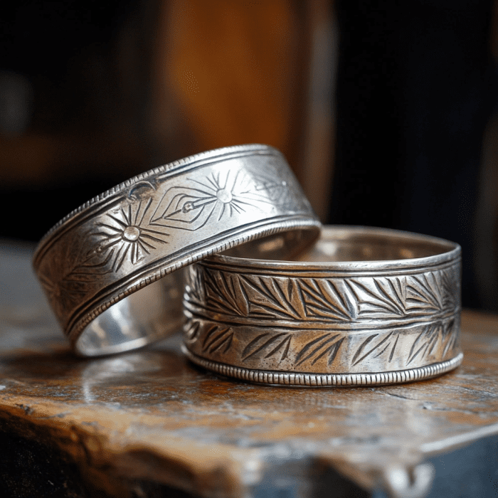 Image showcasing Native American silver cuffs