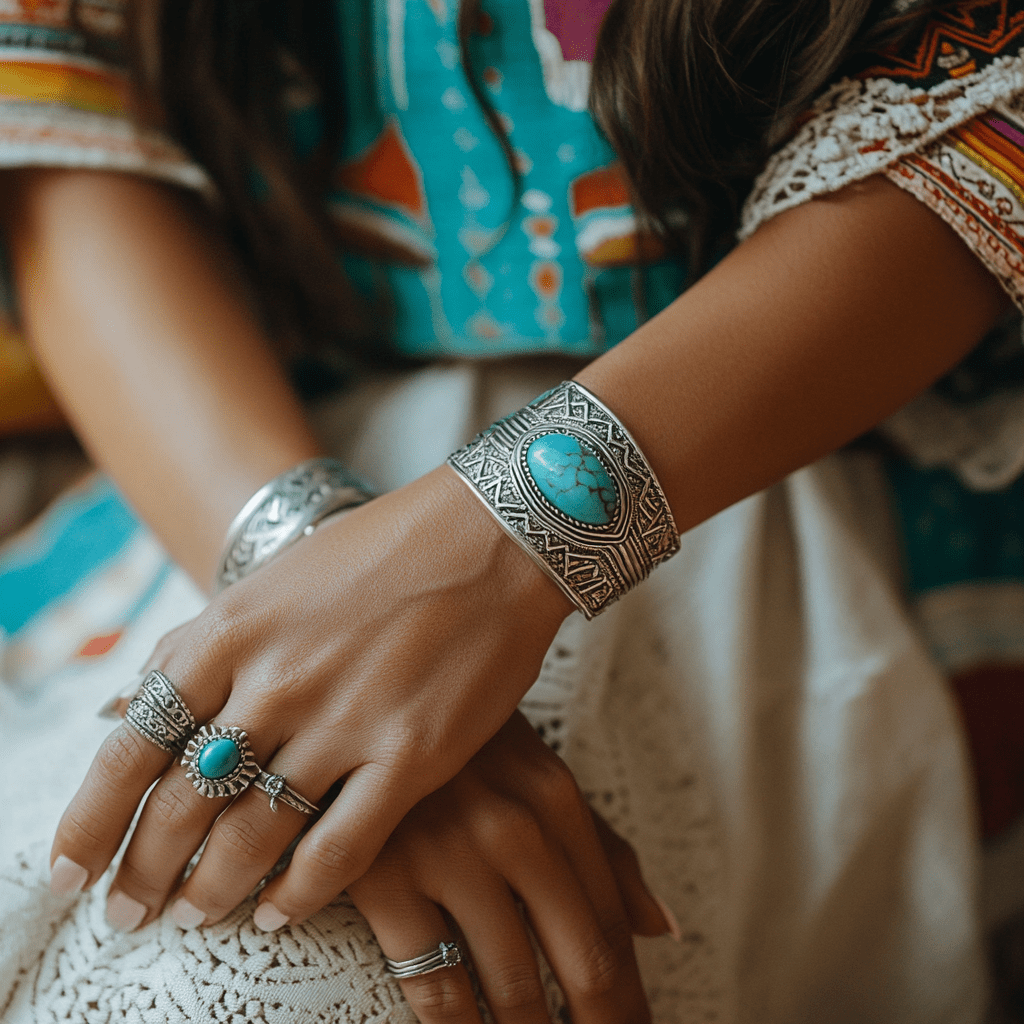 Image showcasing Native American turquoise bracelets and bracelets