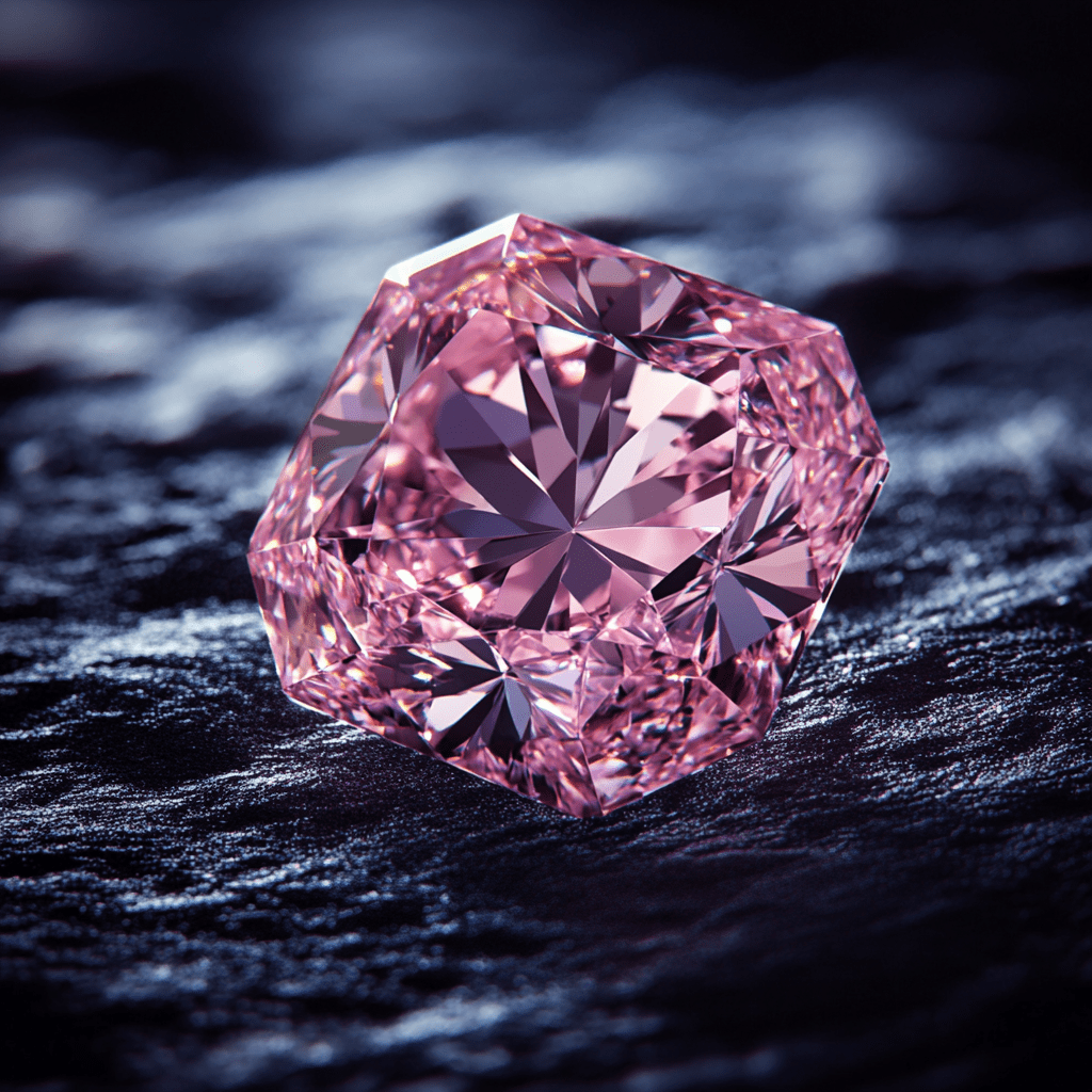 Image showcasing cut pink diamond on dark rocky surface