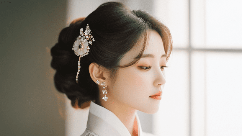 Image showcasing South Korean bride wearing binyeo hairpin and earrings