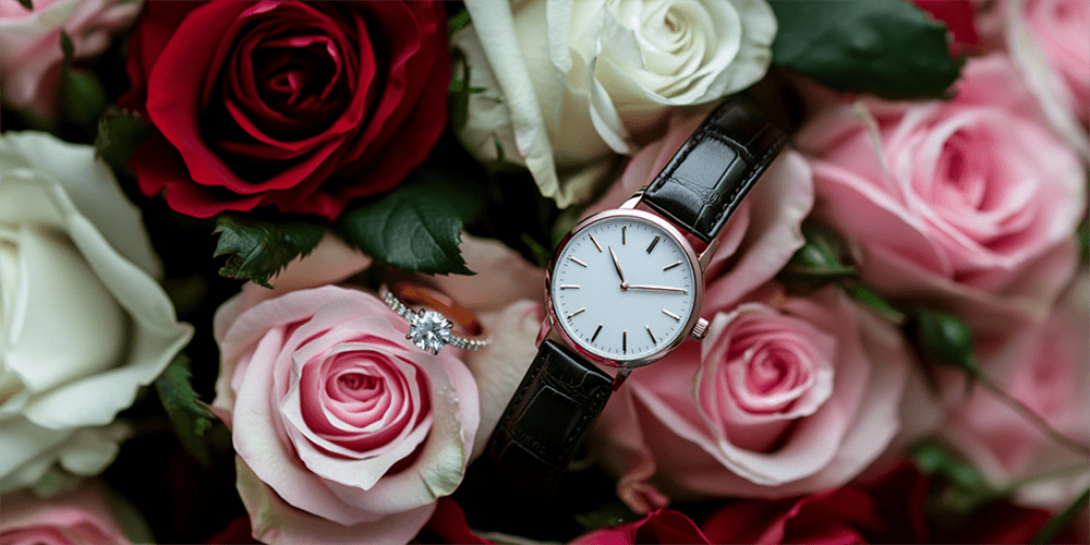 Valentine's Day Restored Simple Wristwatch and Diamond Engagement Ring In Bouquet of Roses