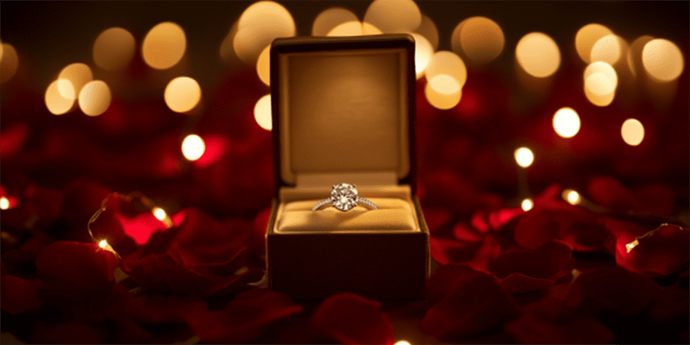 Valentine's Day Restored Diamond Engagement Ring in Proposal Box with Red Rose Petals