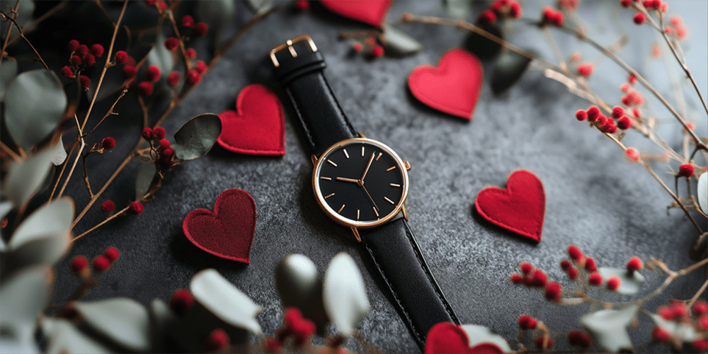 Valentine's Day Restored Simple Black Wristwatch Displayed with Hearts and Flowers