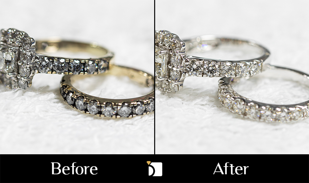 Before & After #170 Diamond Engagement Ring and Wedding Band Set Getting Professional Clean, Polish, and Rhodium Plating