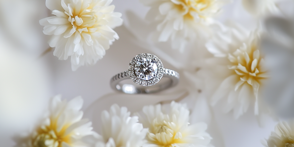 Restored Diamond Engagement Ring with Halo Cluster Displayed on White Silk Surrounded by White and Yellow Flowers