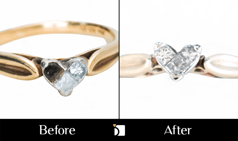 Before & After #173 14kt yellow gold heart-shaped diamond ring receiving premier ring restoration services by Master Jewelers