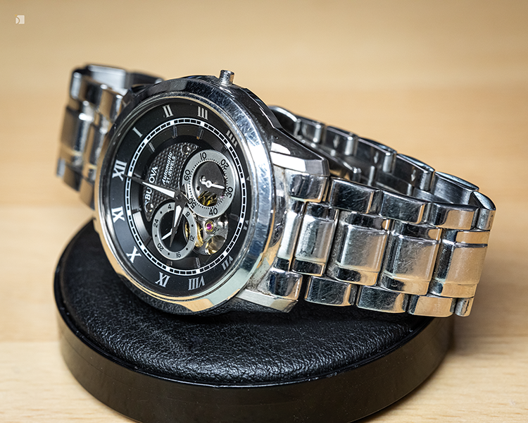 Before #178 Side Angle View of Damaged Bulova Automatic Timepiece Prior to Stem & Crown Repair
