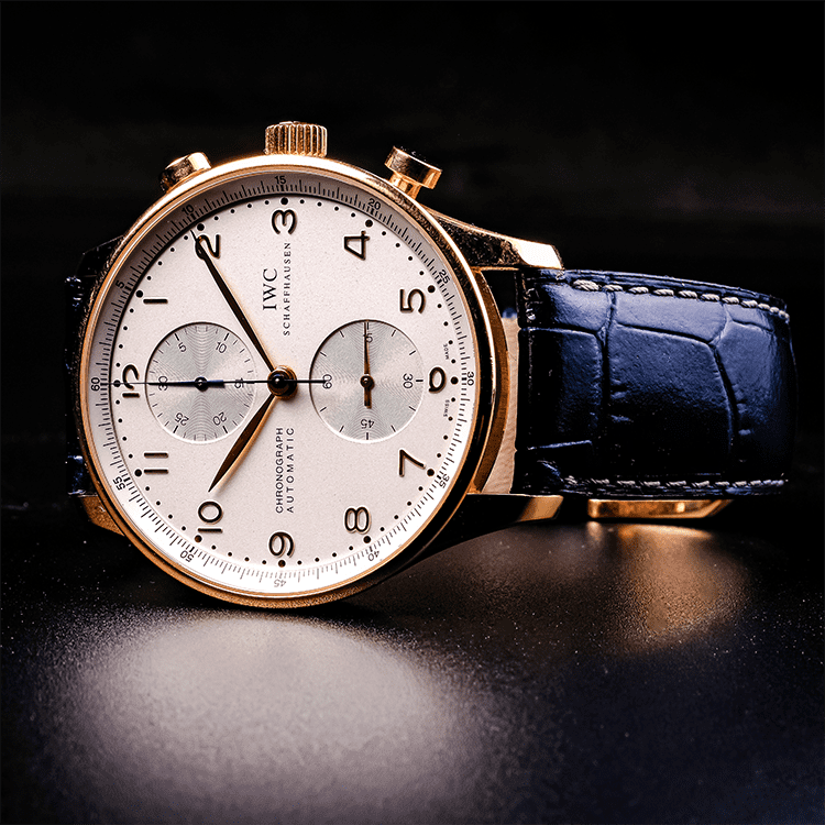 Leather Band Simple IWC Schaffhausen Timepiece on Side Display for Authorized Servicing