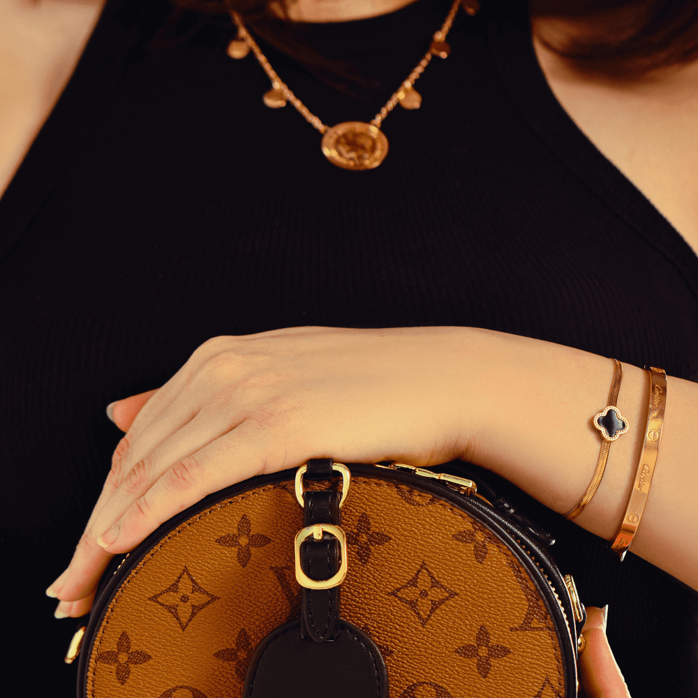 Image showing woman wearing Louis Vuitton jewelry and holding Louis Vuitton handbag