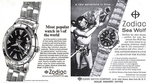 Image showcasing Zodiac Sea Wolf dive watch ad