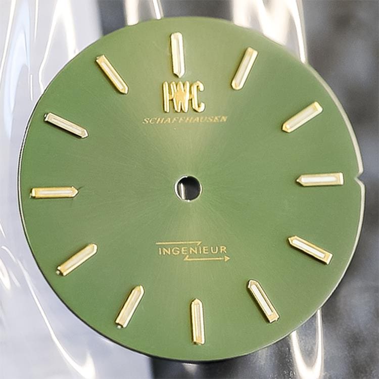 Close Up of Customized Sage Green IWC Ingenieur Watch Dial