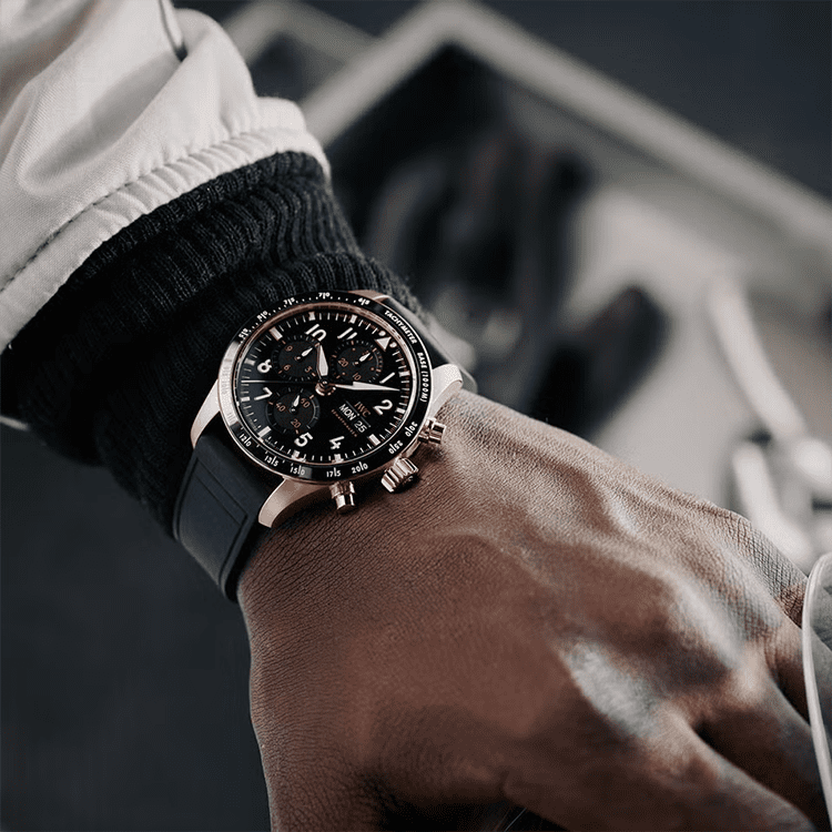 Close Up of Damson Idris with New Pilot Chronograph IWC Watch in F1 The Movie via Esquire