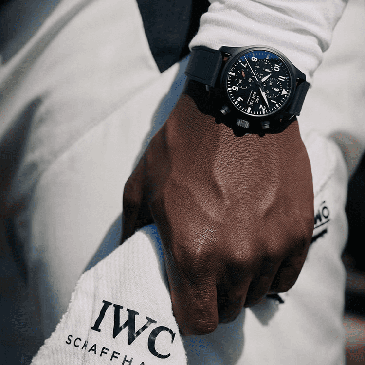 Close Up of Damson Idris with Pilot Chronograph IWC Watch in F1 The Movie via Esquire