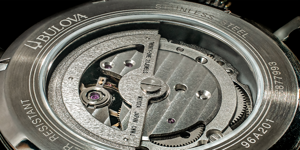 Close Up of Bulova Automatic Movement Case Back Skeleton Watch