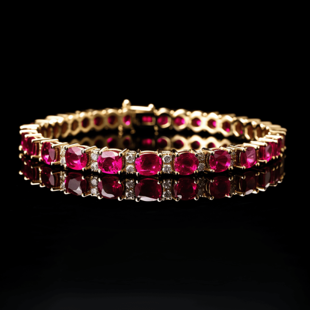 Image showcasing ruby tennis bracelet on black background