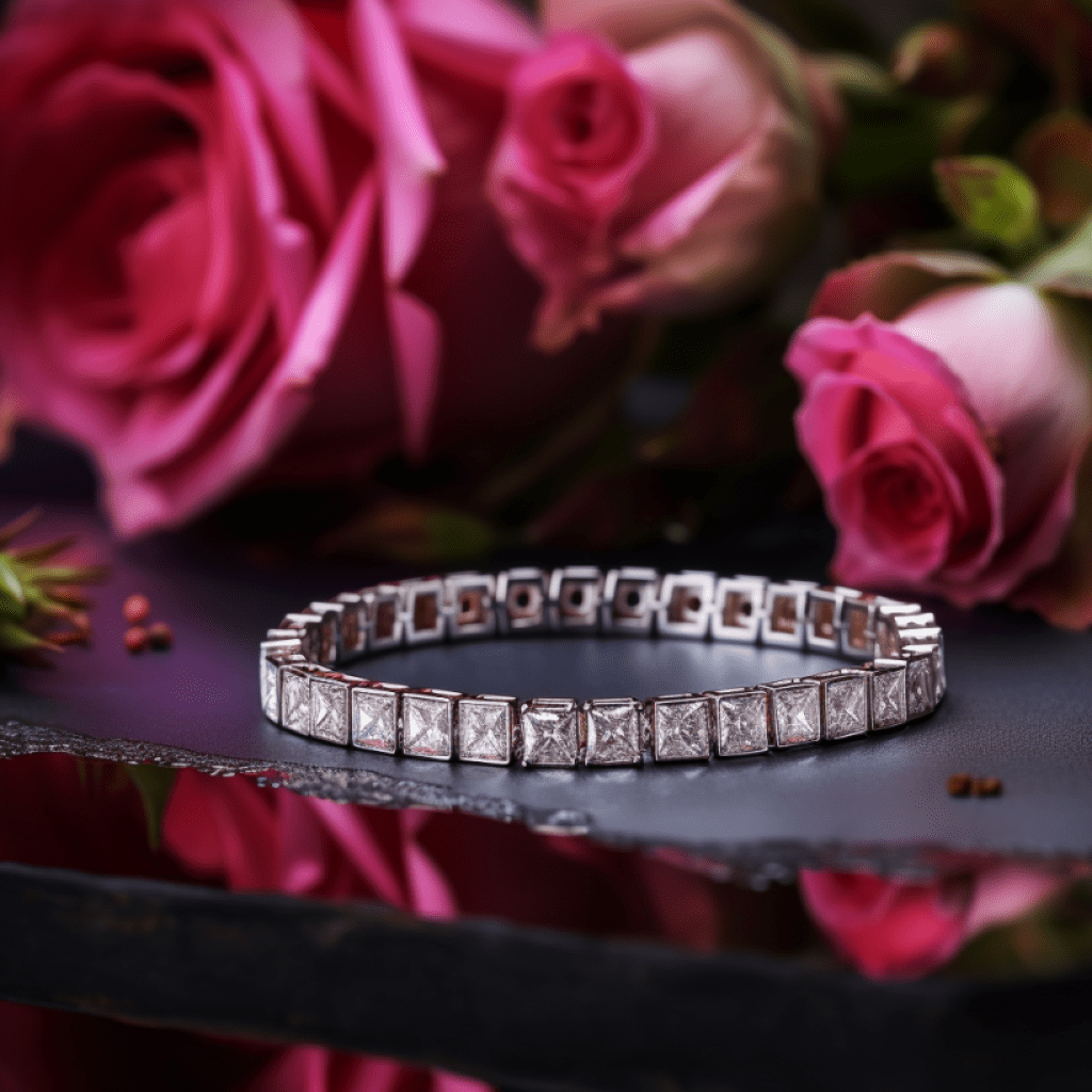 Image showcasing tennis bracelet with pink roses in the background
