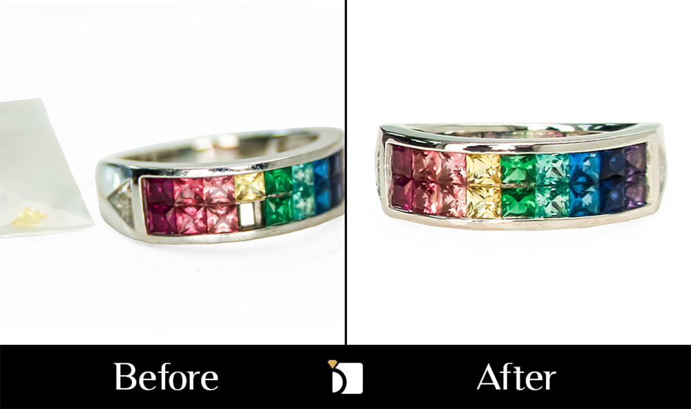 Before & After #182 Multi-Colored Gemstone Invisible Setting Ring Restored by Master Jewelers